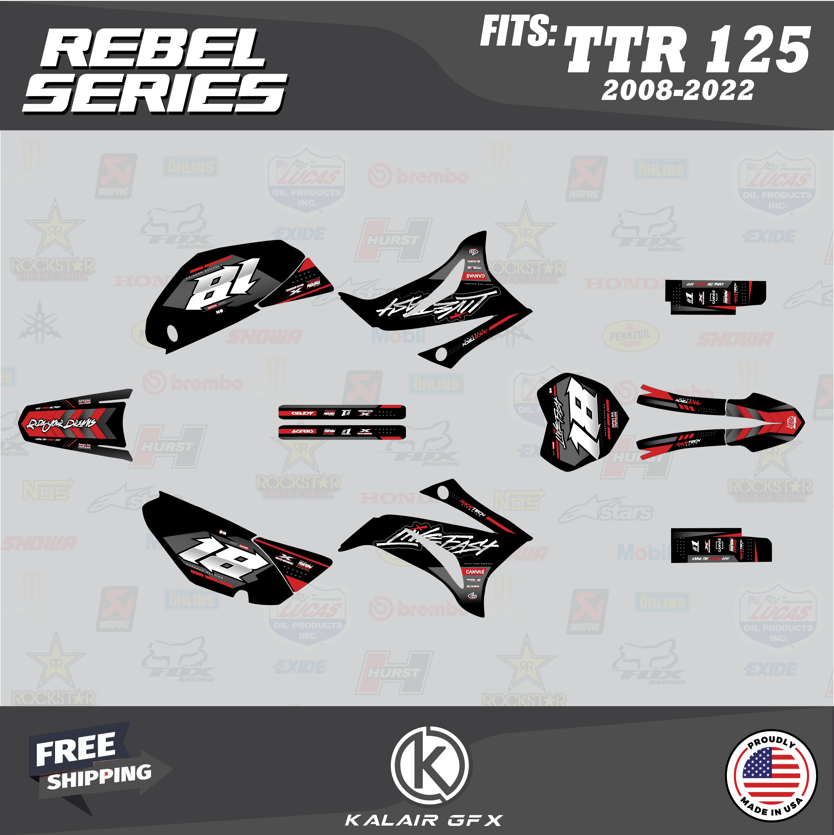 Faf Graphics Kalair GFX Graphics Kit for Yamaha TTR125 (2008-2024) Rebel Series ...