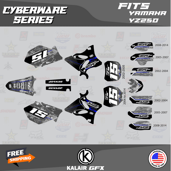 Kalair GFX Graphics Kit for Yamaha YZ250 (2002-2004) Cyberware Series