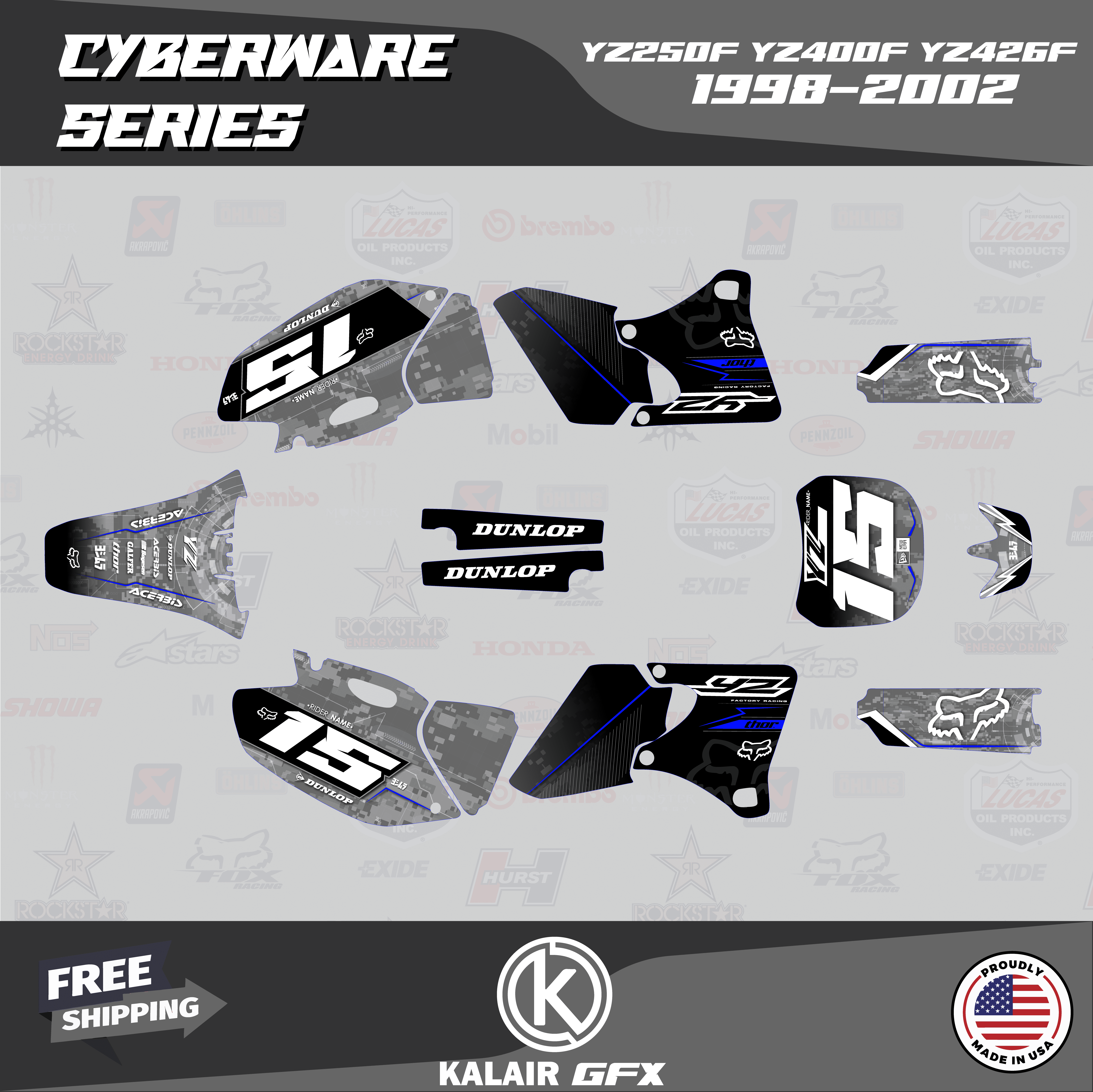 Kalair GFX Graphics Kit for Yamaha YZ400F (1998-2002) Cyberware Series ...