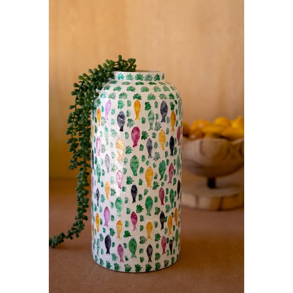 Kalalou 15.5" H Spun Bamboo Vase with Colorful Capiz Shell Fish Mosaic Detail