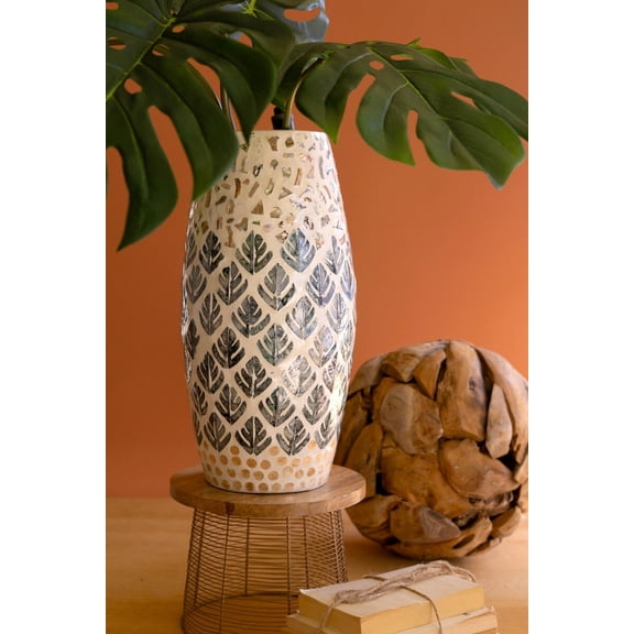 Kalalou 16" H Spun Bamboo Vase with Capiz Shell Mosaic and Diamond Pattern Design