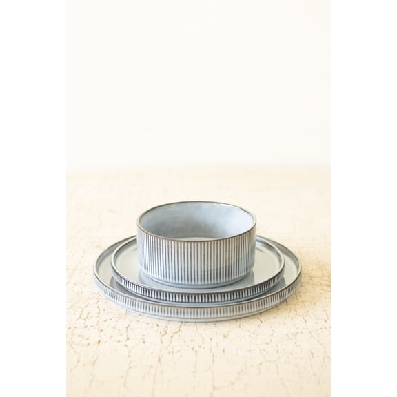 Kalalou 3-Piece Blue Ridged Ceramic Dinnerware Set, Glazed Dinner Plate, Salad Plate & Soup Bowl