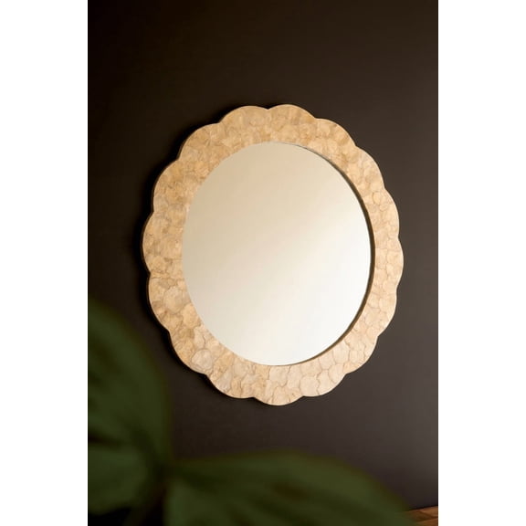 Kalalou 31.5 Inch Round Capiz Shell Framed Wall Mirror with Pearlized Mosaic Finish, Coastal Decorative Mirror