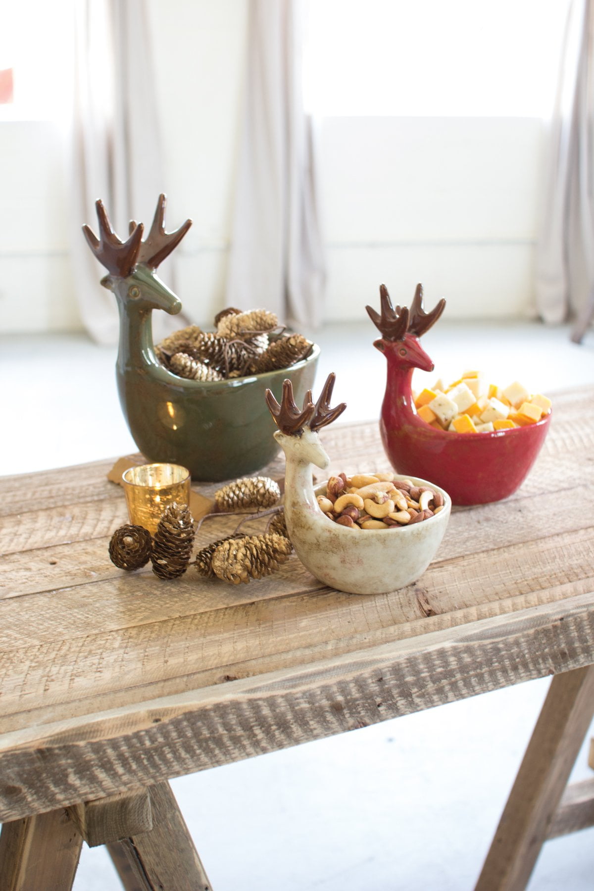 Festive Ceramic Deer Serving Bowls, Set of 3