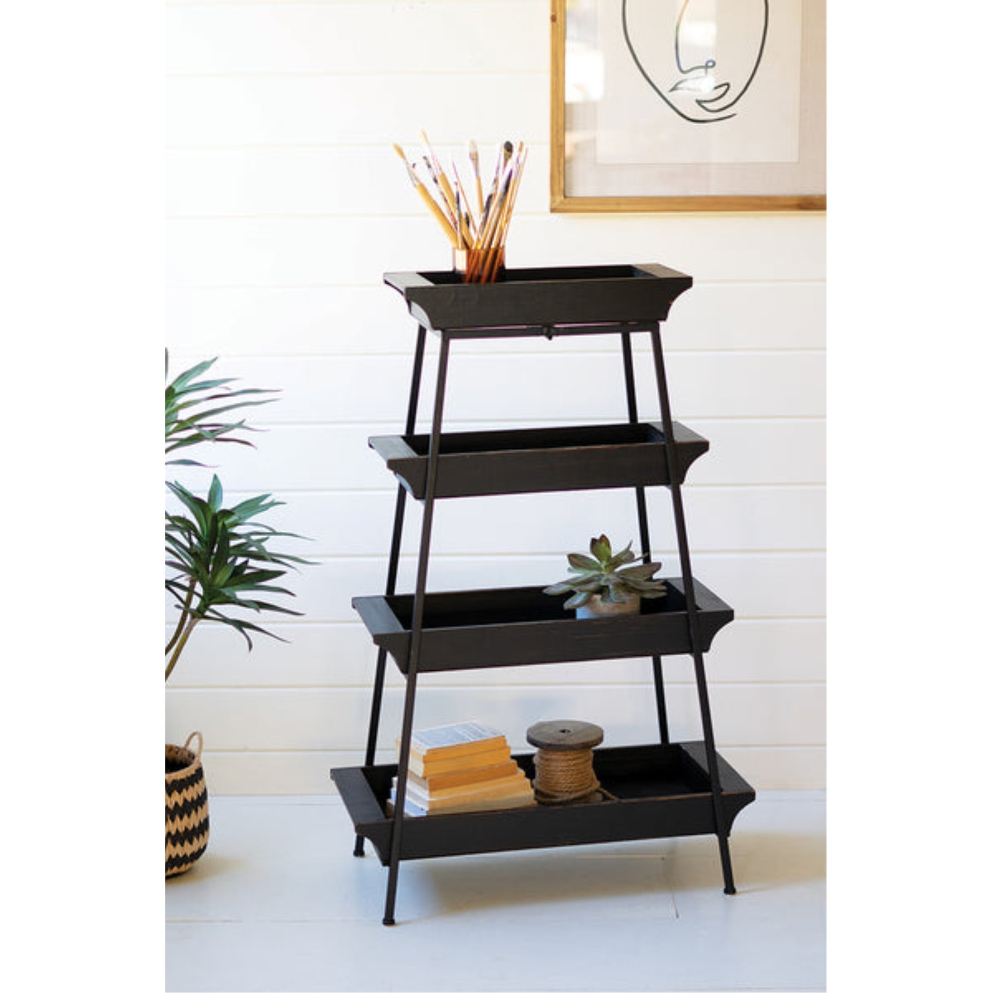 Black Four Tiered Wood and Iron Display Tower