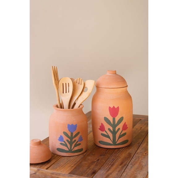 Kalalou Decorative Clay Storage Canisters with Floral Motif (Set of 2) 7"