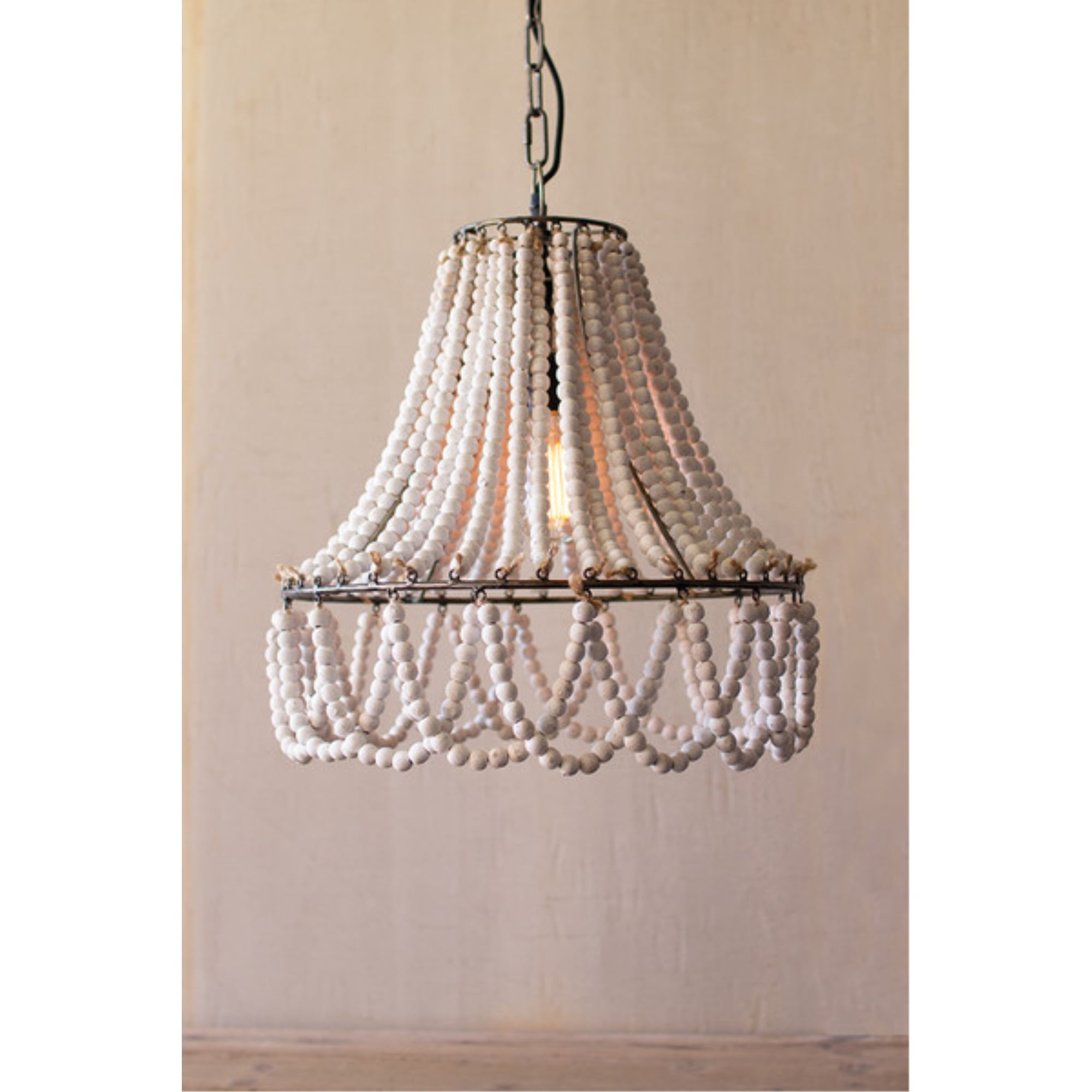 Farmhouse Chic 20" White Wood Bead & Metal Frame Chandelier