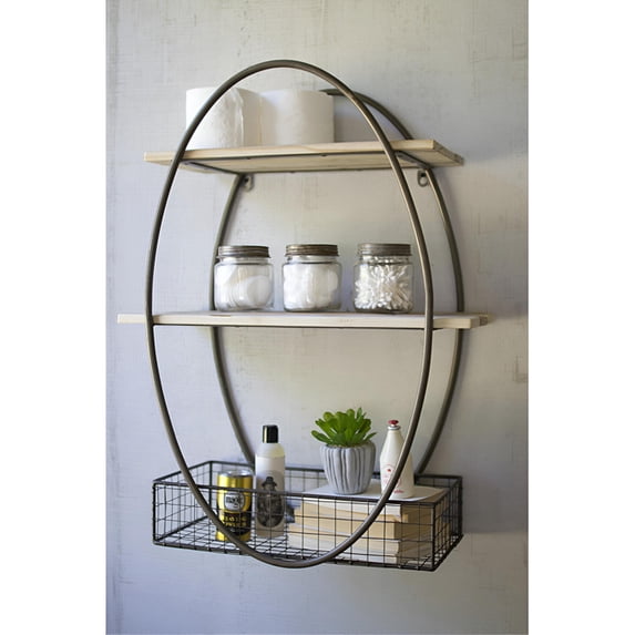 TALL OVAL METAL FRAMED WALL UNIT WITH RECYCLED WOOD SHELVES
