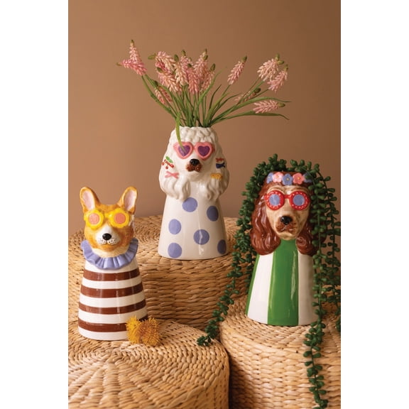 Kalalou Ceramic Dog Vases 10"H Glazed Multi-Color Fun Animal Decor Set of 3