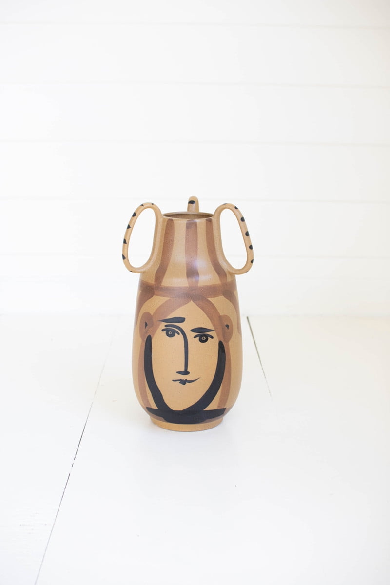 Brown Ceramic Vase with Triple Handles