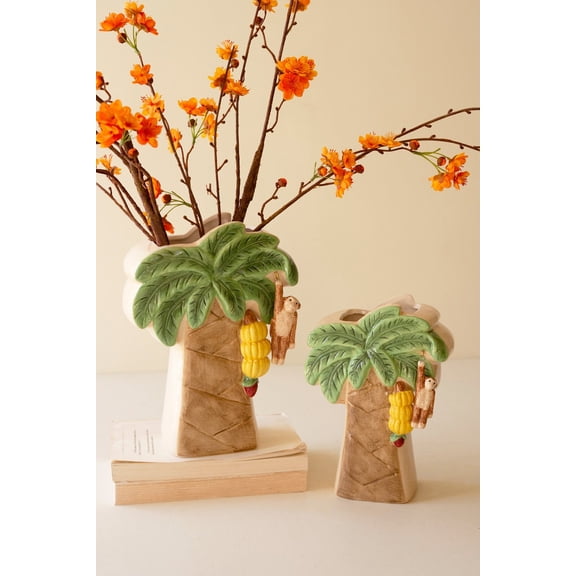 Kalalou Ceramic Palm Tree Vases 10"H Multi Color Glazed Tropical Accent Set of 2