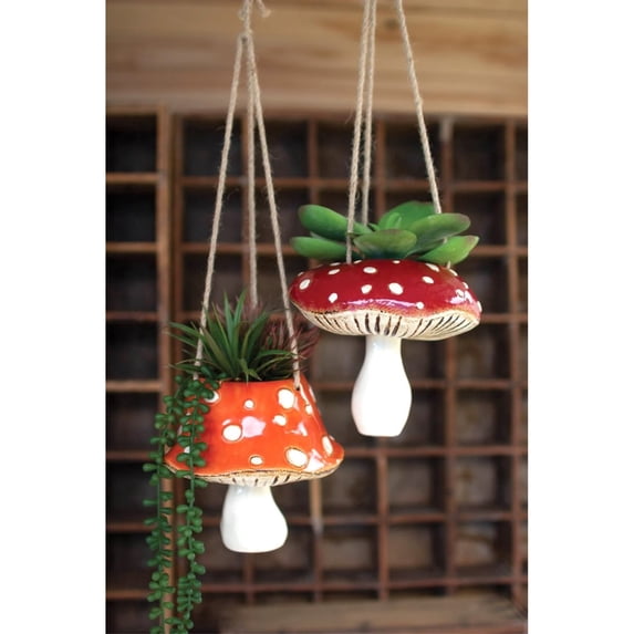 Kalalou Ceramic Toadstool Hanging Planters, Set of 2, White