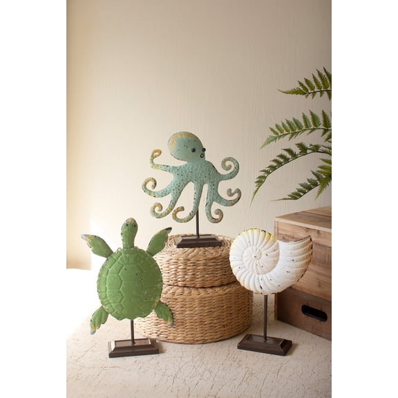 Kalalou Coastal Tabletop Sculpture, Set of 3 Painted Metal Octopus Turtle Shell 14.5" H