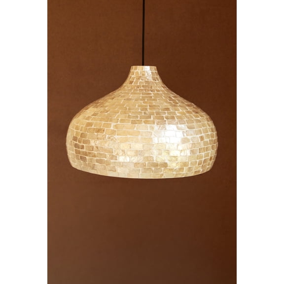 Kalalou Dome Spun Bamboo Pendant Light with Neutral Capiz Shell Detail, 11.5"H Coastal Pendant Light