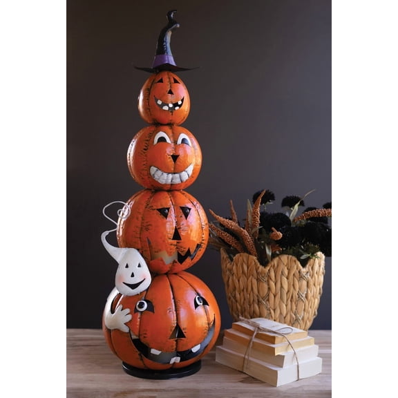 Kalalou Four Stack Painted Jack-O-Lantern with Witch Hat Halloween Lantern Dcor