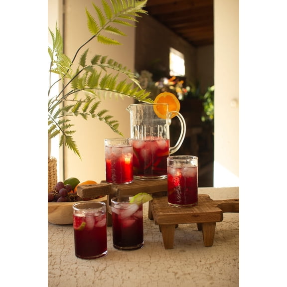 Kalalou Glass Pitcher and Glass Set of 5 Cheers Embossed Design 7.5" Tall