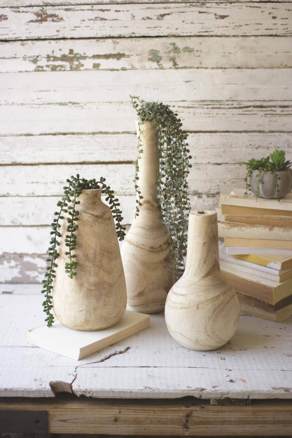Hand-Carved Rustic Wooden Vase Trio, 18.5" Tall