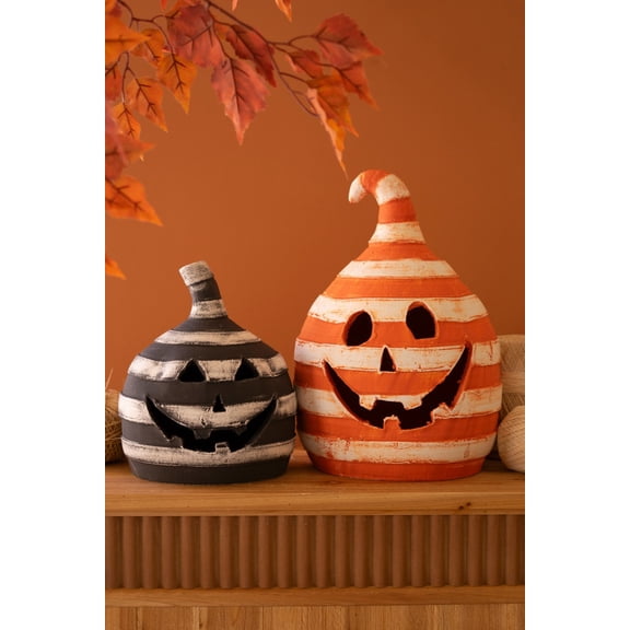 Kalalou Handcrafted Clay Striped Pumpkin Lanterns  Set of 2