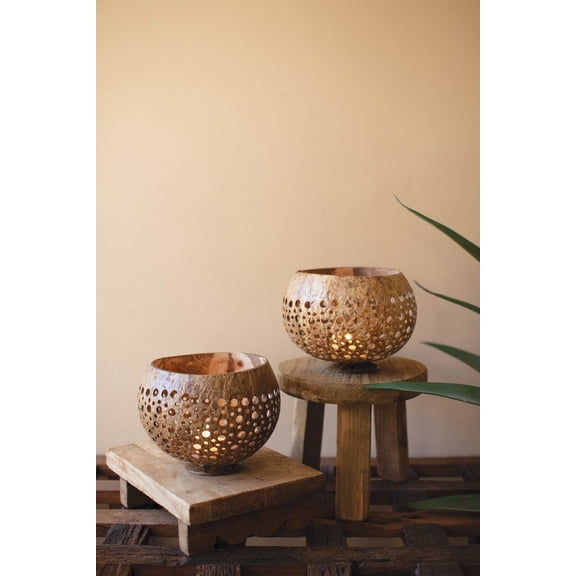 Kalalou Handcrafted Coco Planters with Carved Details Set of 2 for Indoor & Outdoor 4.5"Tall