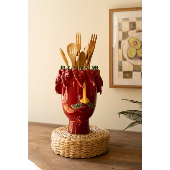Kalalou Head Planter Vase 14"H Ceramic, Red Peppers Design Multicolor Glazed Finish