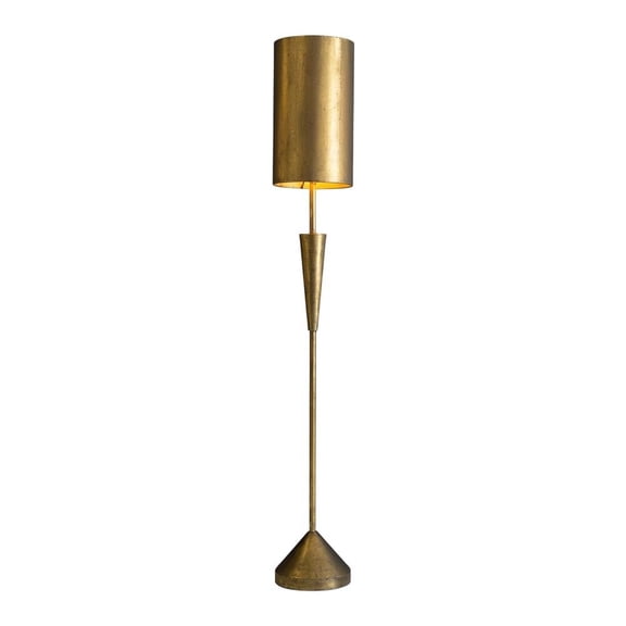 ANTIQUE GOLD TABLE LAMP WITH METAL BARREL SHADE