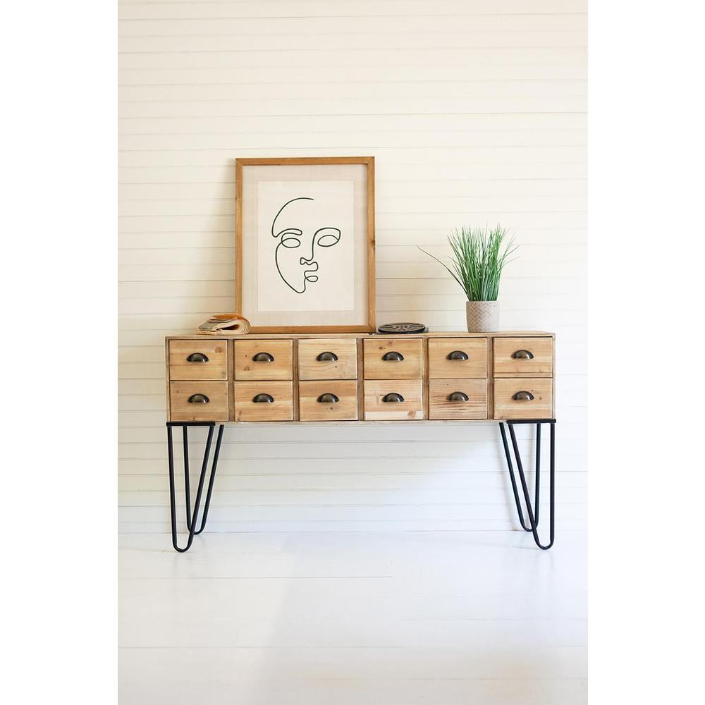 Brown Mid-Century Light Wood Console Table with Iron Legs