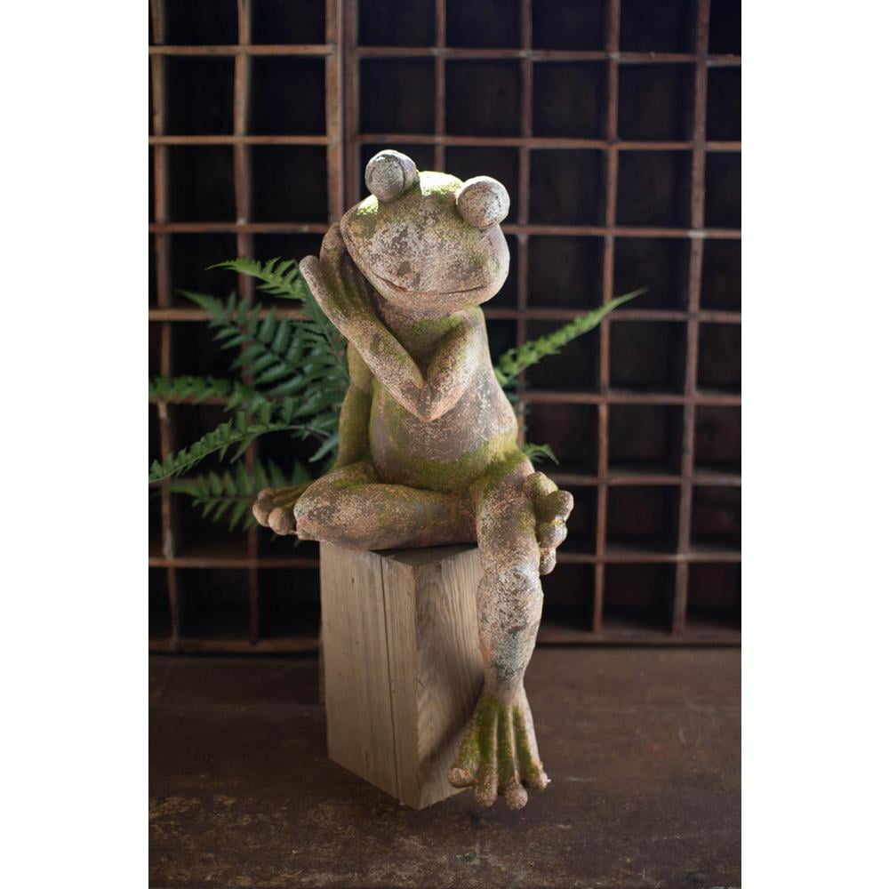 Large Distressed Gray Resin Boho Garden Frog Statue