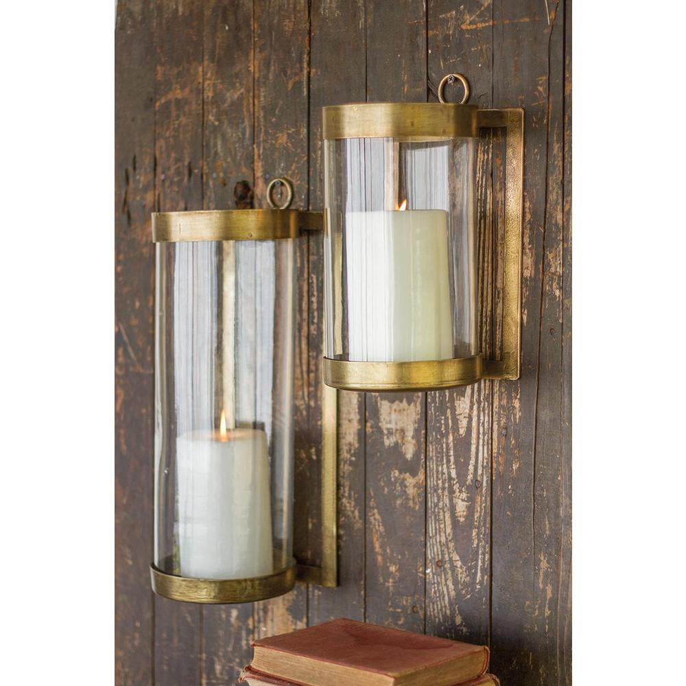 Small Antique Brass and Glass Wall Mounted Hurricane Sconce