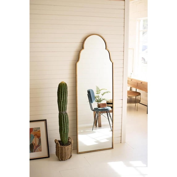 LARGE ARCHED MIRROR WITH BRASS FRAME