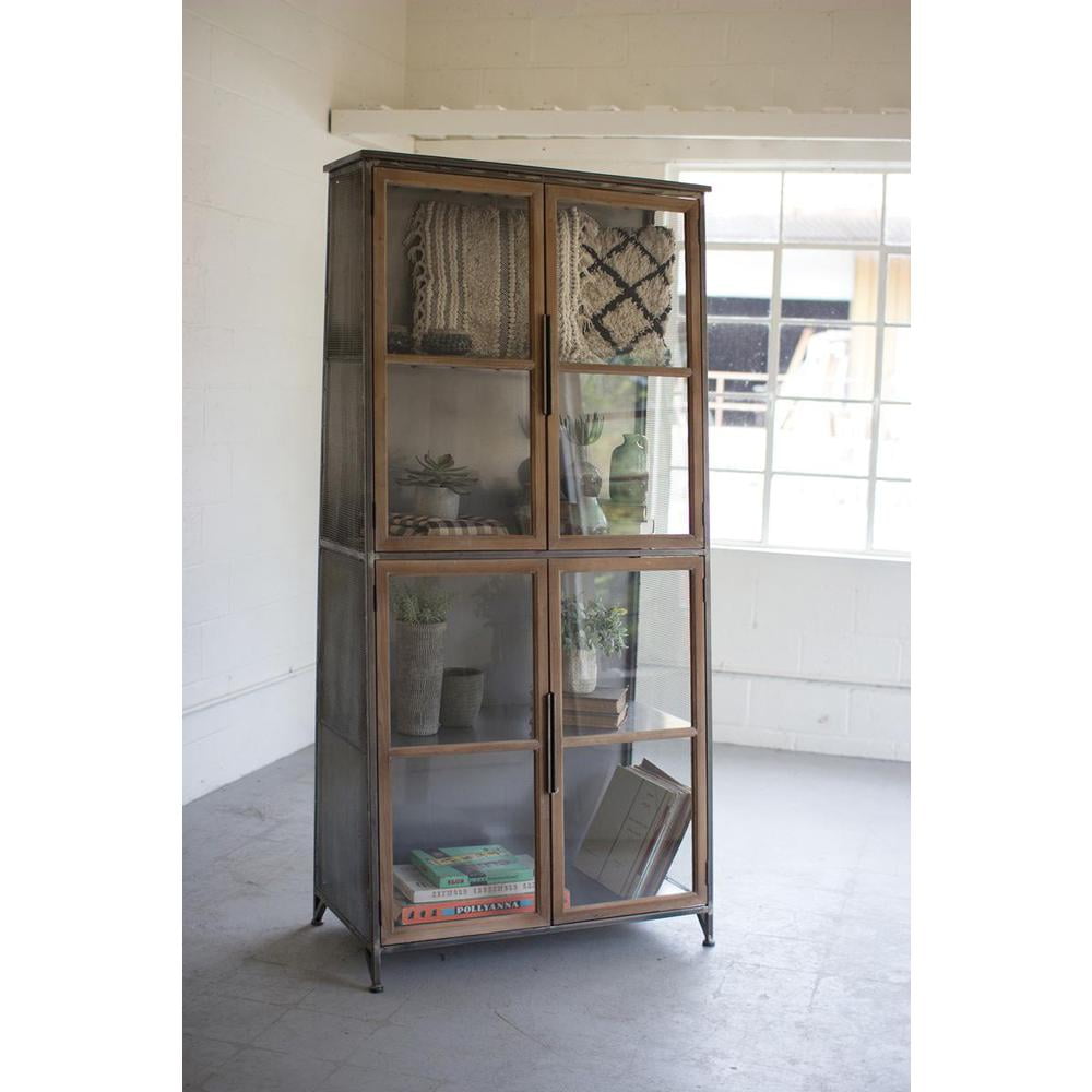 Modern Slanted 38" Metal & Wood Display Cabinet with Glass Doors