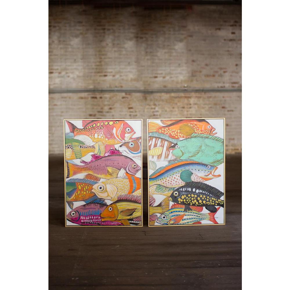 Set of Two Colorful Fish Oil Paintings with Gold Frame