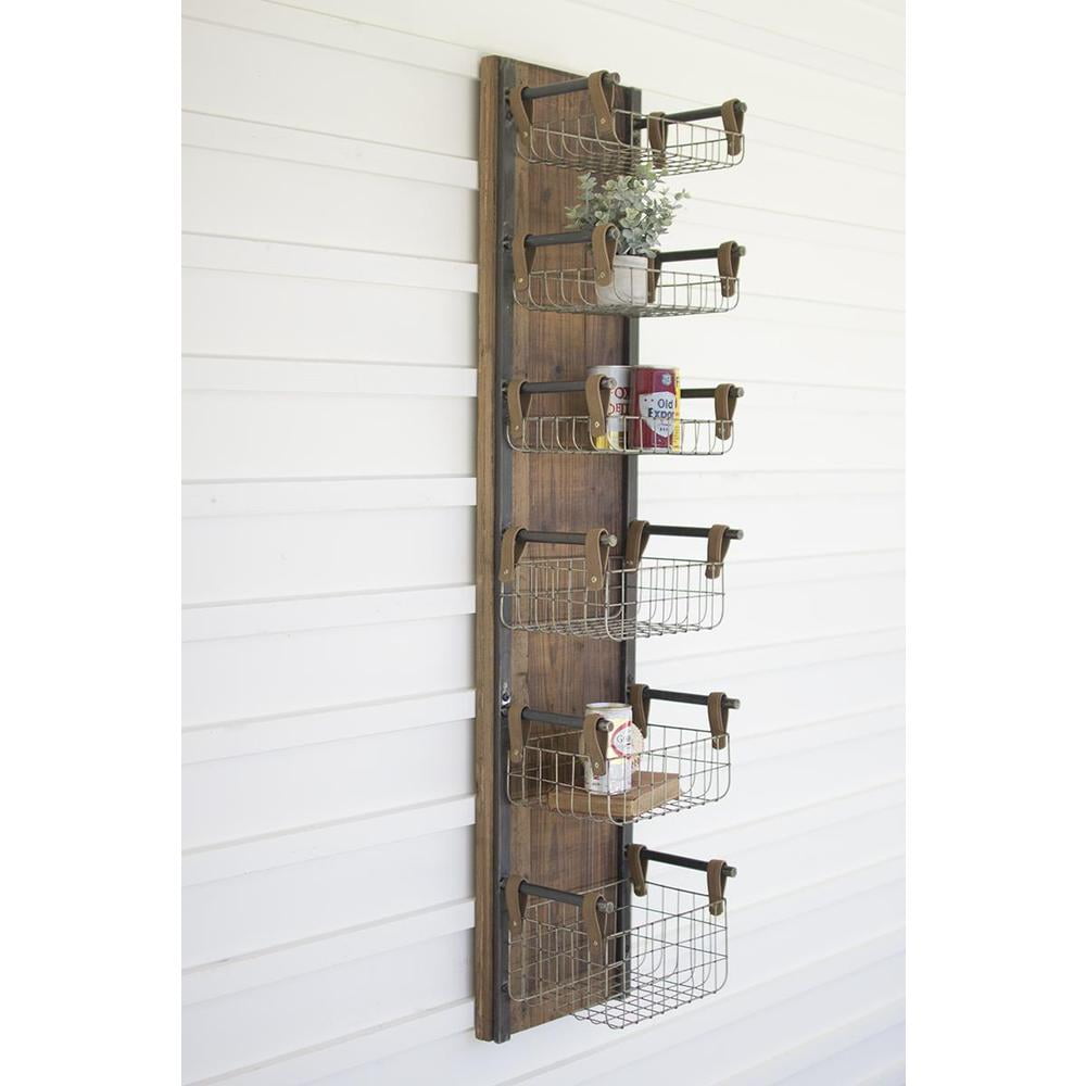 Distressed Brown Recycled Wood and Metal Wall Rack with Six Baskets