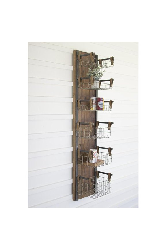 Inc Recycled Wood & Metal Wall Rack W Six Wire Storage Baskets