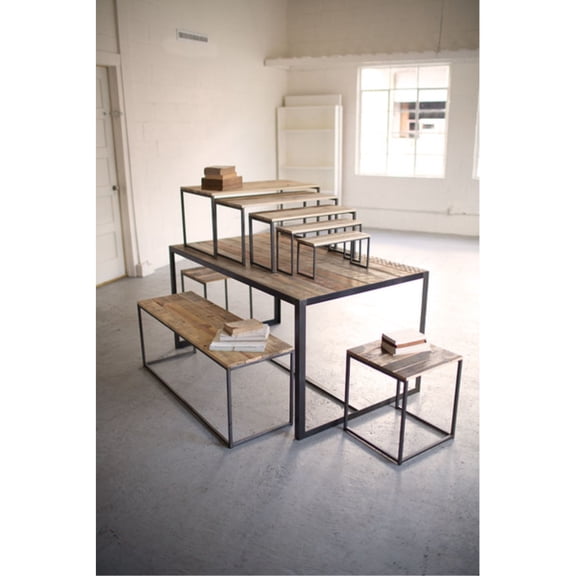 SET OF NINE RECYCLED WOOD AND METAL DISPLAY