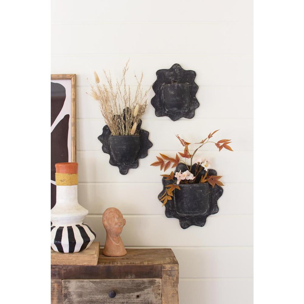 SET OF THREE BLACK WAVY CLAY WALL PLANTERS