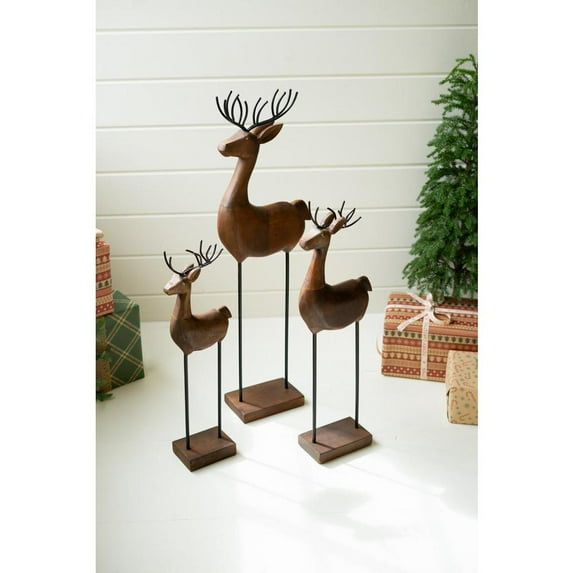 Kalalou Inc Set Of Three Carved Wood And Iron Reindeer On Bases