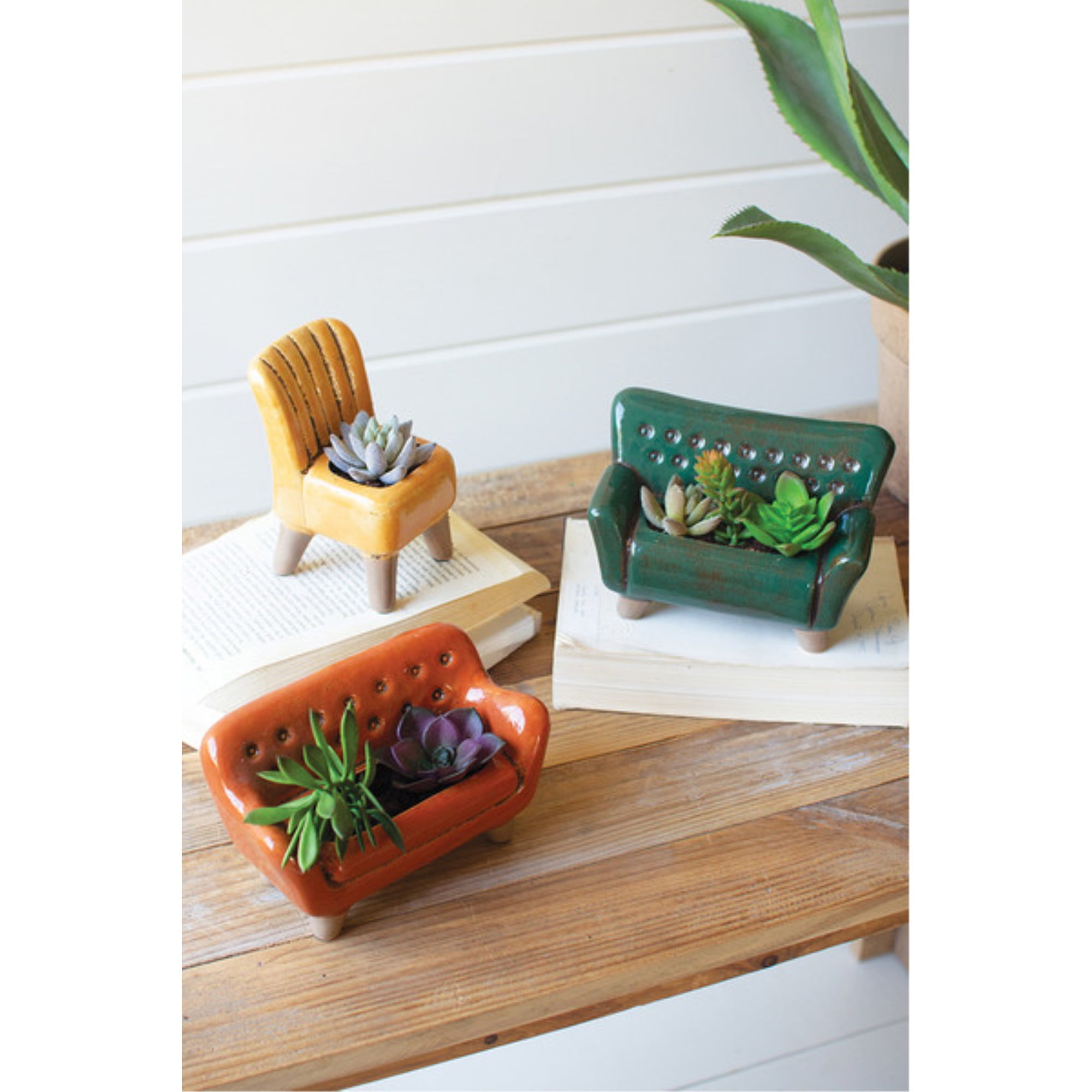 Charming Trio Ceramic Sofa & Chair Succulent Planters Set