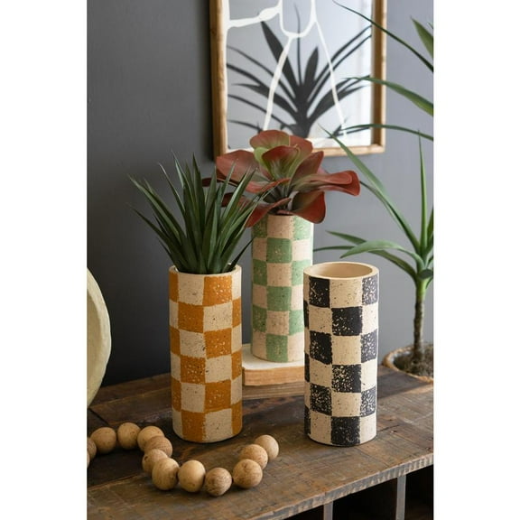 Kalalou Inc Set Of Three Checkered Clay Cylinder Vases