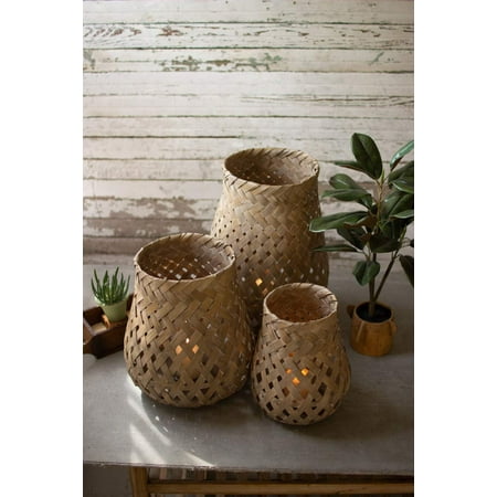 Kalalou Inc Set Of Three Woven Basket Lanterns With Glass