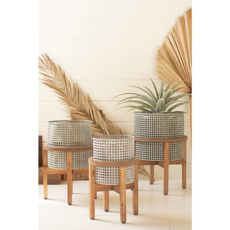 SET OF THREE WOVEN METAL PLANTERS WITH WOOD STANDS