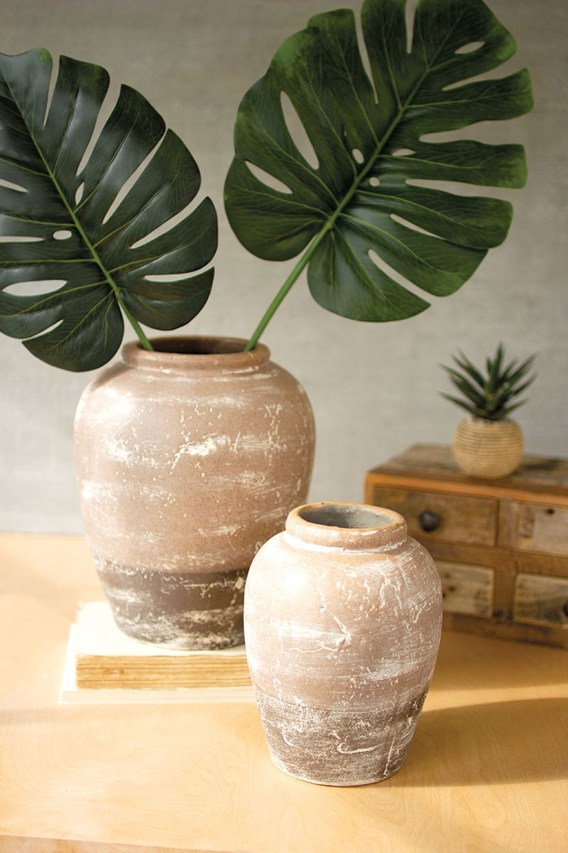 Set of Two Rustic Brown Ceramic Urns