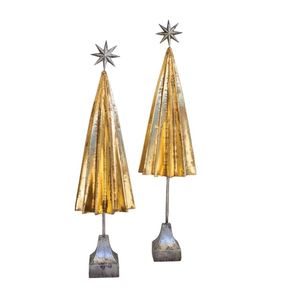 SET OF TWO FOLDED GOLD METAL TREES WITH SILVER STAR