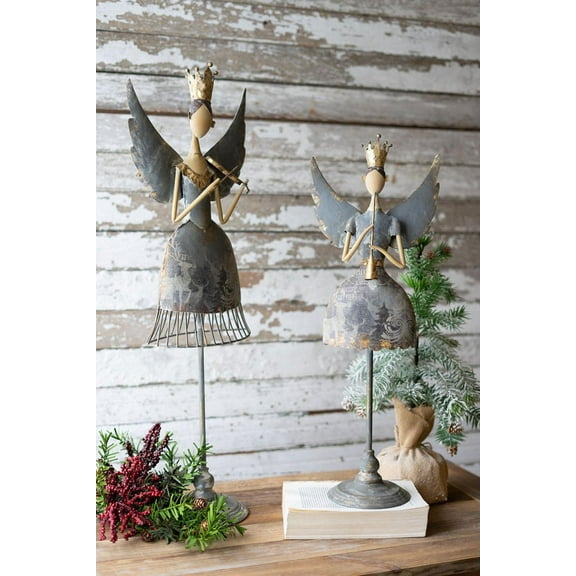 SET OF TWO METAL ANGELS PLAYING MUSICAL INSTRUMENTS