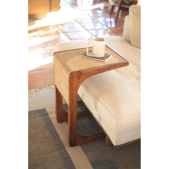 WOOD SIDE TABLE WITH WOVEN CANE DETAIL