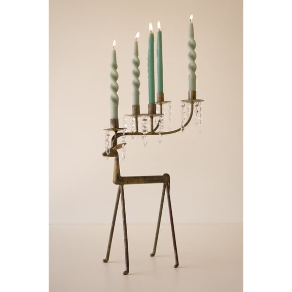 Kalalou Iron Deer Taper Candelabra Holder with Gem Accents, Antique Brass Holiday Candle Holder
