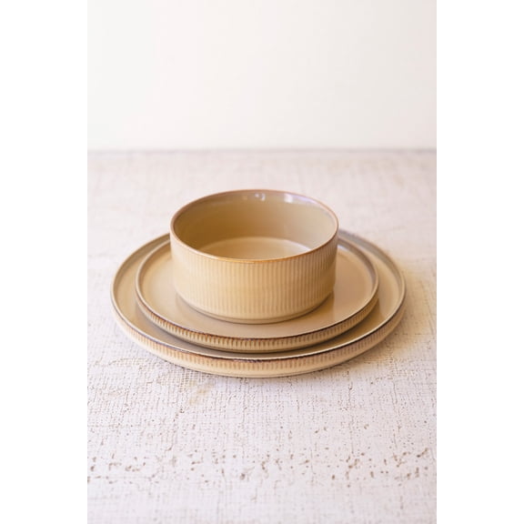 Kalalou Khaki Ceramic Dinnerware Set with Ridged Texture Bowl 2.5"Tall Set of 3