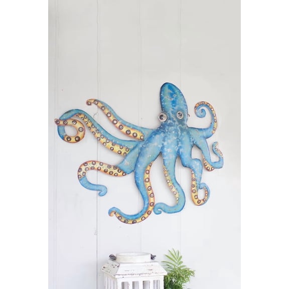 Kalalou Metal Octopus Wall Art Hand Painted Recycled Metal Outdoor Garden Decor 32x28 Tropical Nautical