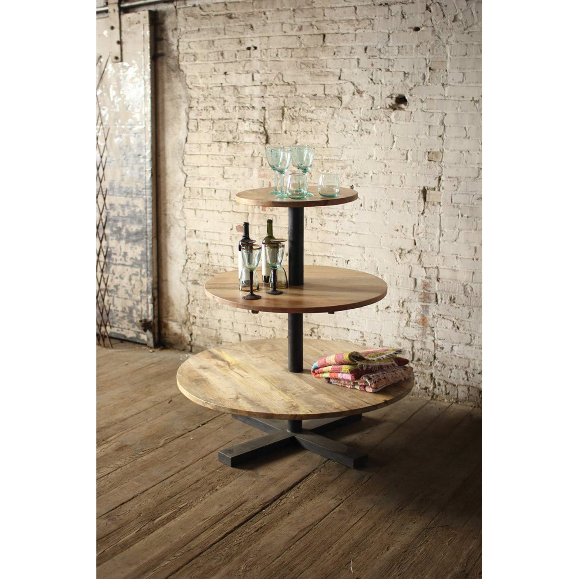 Kalalou Round Three Tiered Mango Wood and Iron Display Tower NBH2209 ...