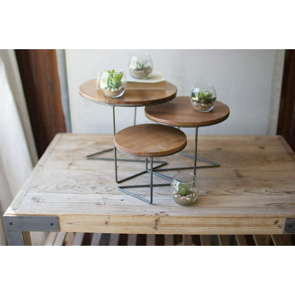 Kalalou Round Wood Topped Wire Display Risers, Set of 3, One Size, Brown