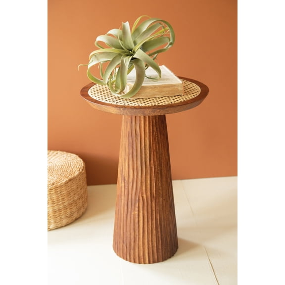 Kalalou Round Wooden Side Table with Woven Cane Top, 22"H Natural Accent Table